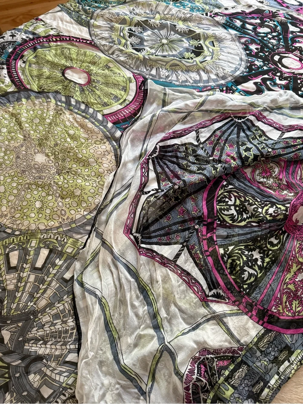 Circular Medallion in Pink, Green, Gray scarf- silk I think